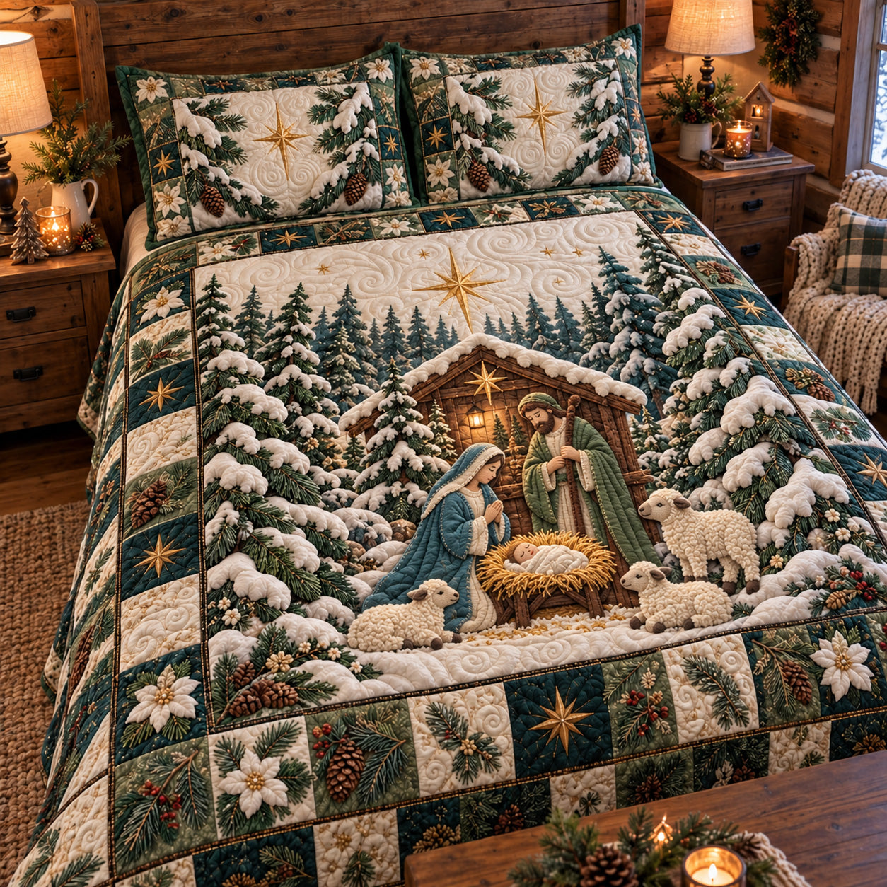 Snowy Pine Nativity Quilted Bedding Set Christmas Winter Scene Decor Xmas Gifts
