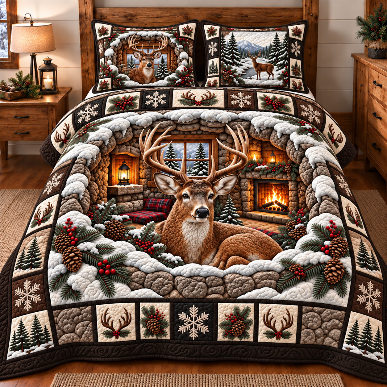 Winter Lodge Deer Quilted Bedding Set Deer Rustic Mountain Cabin Comforter Set