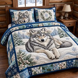 Snow Wolf Quilted Bedding Set Winter Wolf Bedding Set Snowy Mountain Wildlife Decor