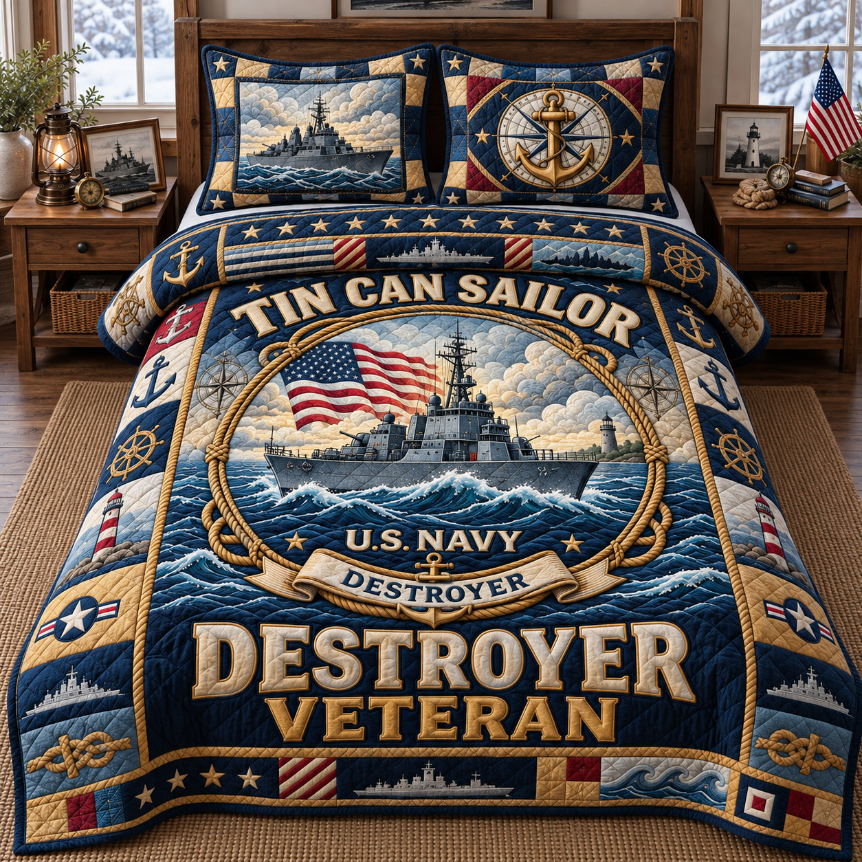 U.S Navy Veteran Quilted Bedding Set Honoring Service Patriotic Decor Veteran Gifts