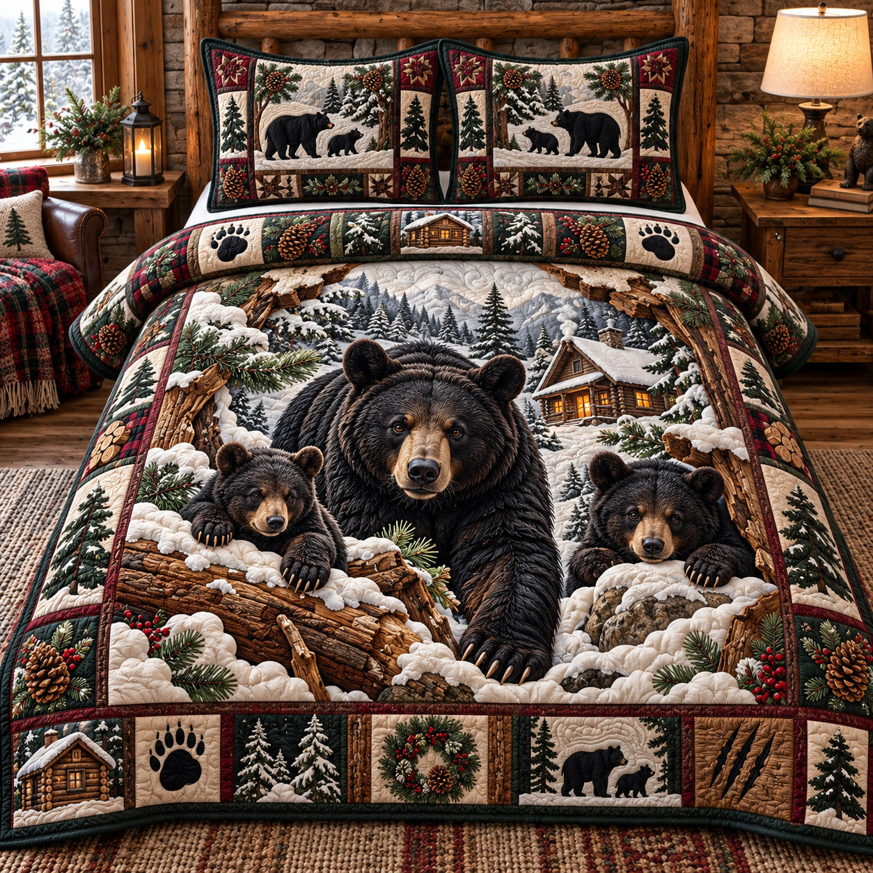 Snowy Bear Family Quilted Bedding Set Winter Bear Bedding Set Christmas Decor Gifts