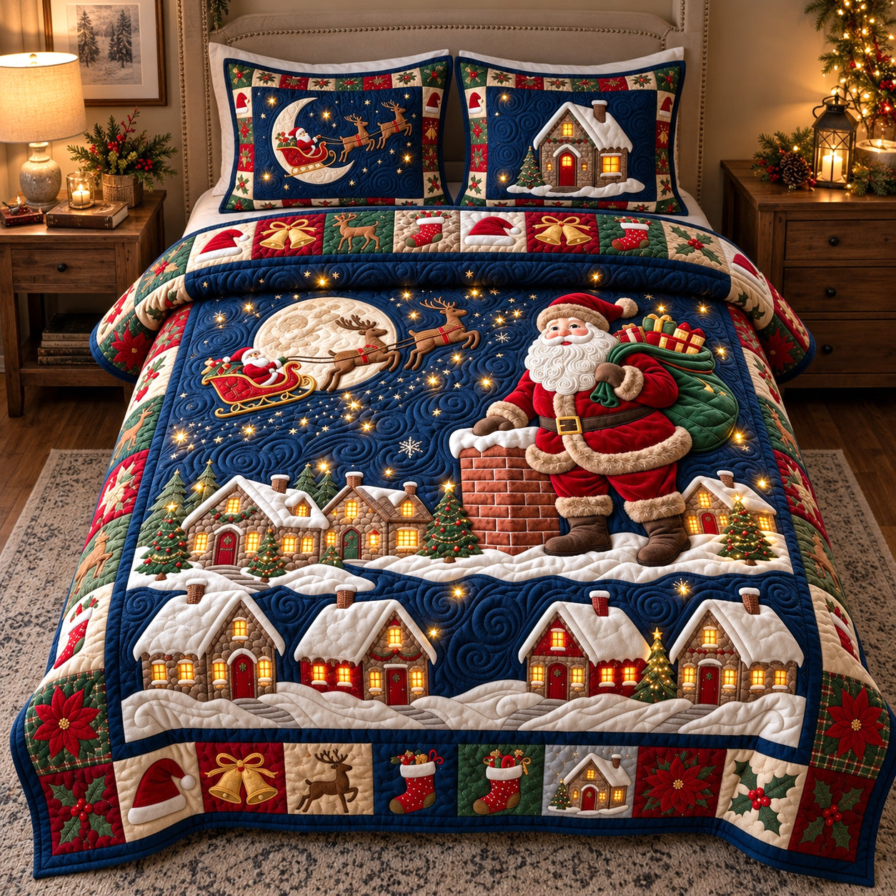 Starry Santa Express Quilted Bedding Set Xmas Santa Christmas Decor Friend Gifts