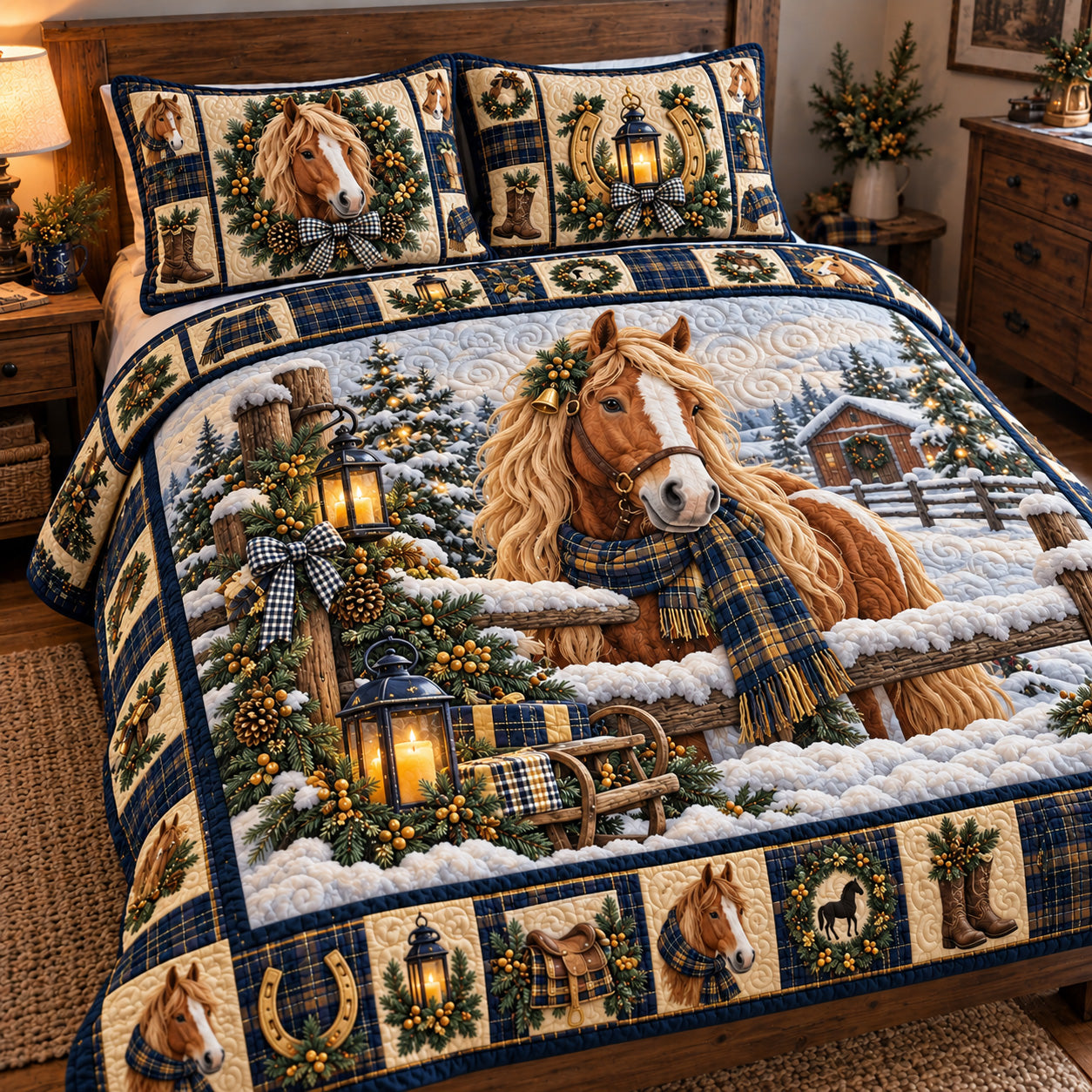 Snowy Whispering Horse Quilted Bedding Set Winter Horse Xmas Peaceful Decor Gifts
