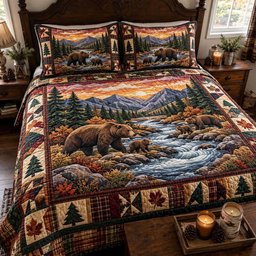 Sunset River Bears Quilted Bedding Set Bear Rustic Riverside Xmas Decor Gifts