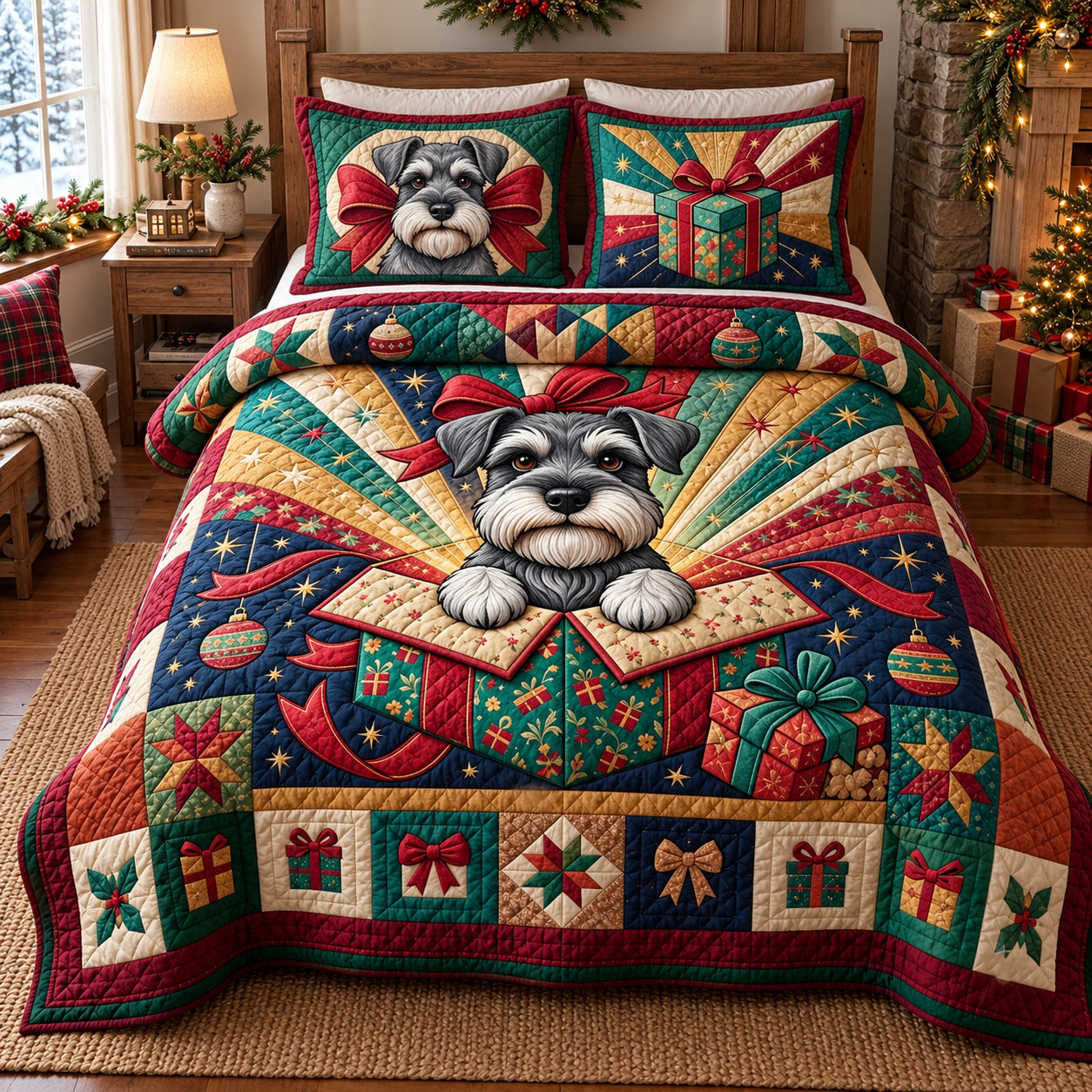 Schnauzer Magical Gift Surprise Quilted Bedding Set Christmas Present Decor Gifts