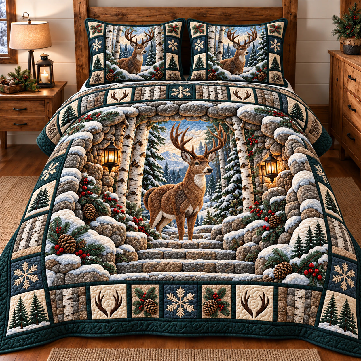 Snowy Birch Deer Quilted Bedding Set Winter Deer Christmas Forest Escape Decor Gifts