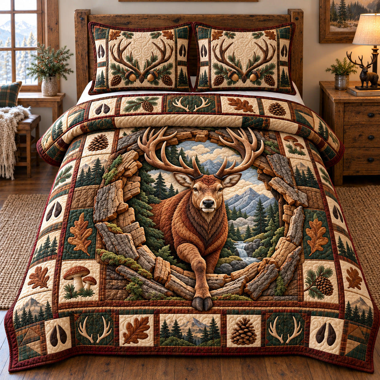 Wild Woodland Deer Quilted Bedding Set Deer Rustic Forest Retreat Decor Friend Gifts