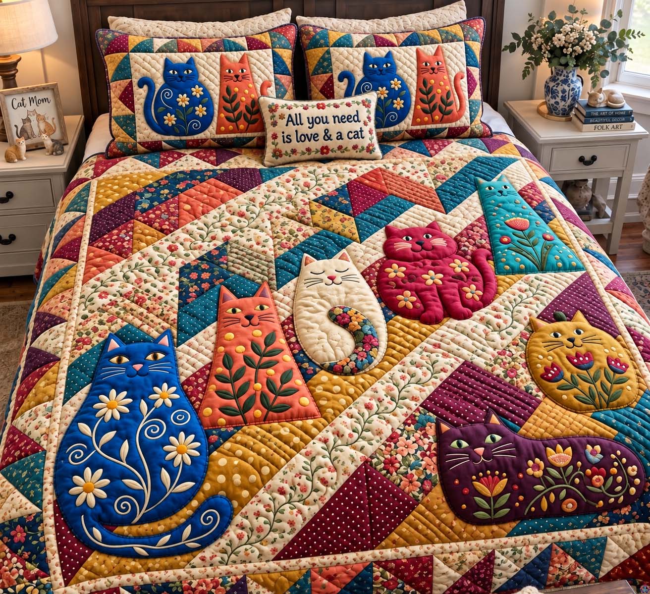Whimsical Cat Garden Quilted Bedding Set Floral Cat Springtime Blooms Decor Gifts