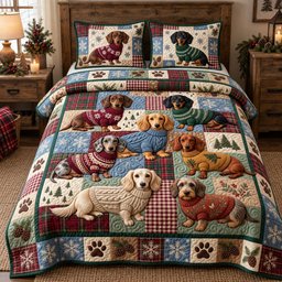 Winter Sweater Dachshunds Quilted Bedding Set Dachshund Christmas Decor Mom Gifts