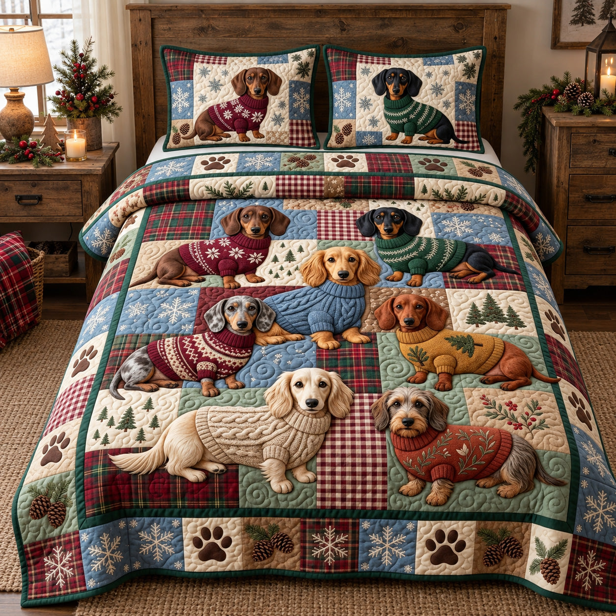 Winter Sweater Dachshunds Quilted Bedding Set Dachshund Christmas Decor Mom Gifts