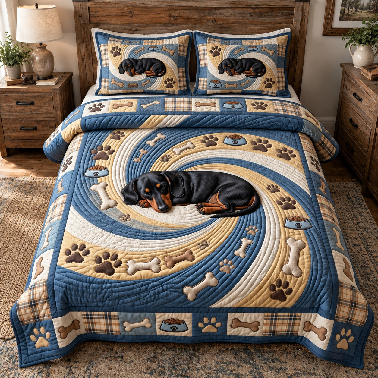 Sleeping Dachshund Swirl Quilted Bedding Set Xmas Dachshund Bedding Set Christmas Gifts