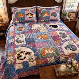 Sleeping Cats Patchwork Quilted Bedding Set Xmas Cat Bedding Christmas Decor Gifts