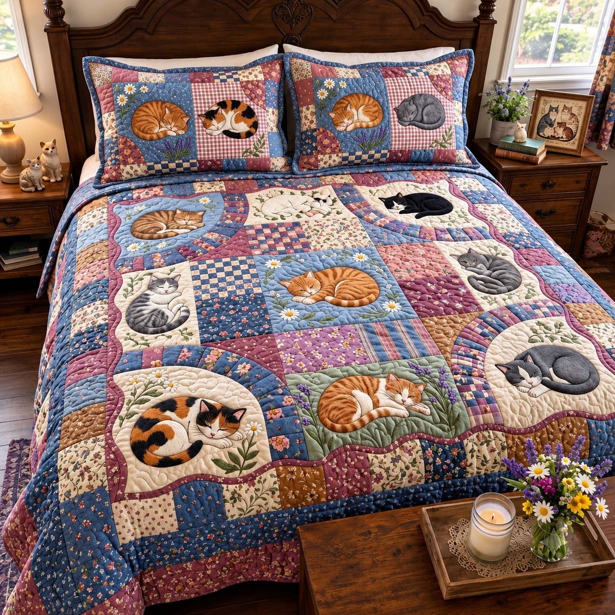 Sleeping Cats Patchwork Quilted Bedding Set Xmas Cat Bedding Christmas Decor Gifts