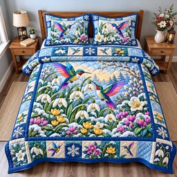 Winter Hummingbird Jewels Quilted Bedding Set Bedding Frosted Berry Xmas Decor Gifts