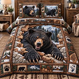 Wild Rustic Bear Quilted Bedding Set Bear Cozy Woodland Cabin Decor Xmas Gifts