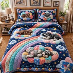 Schnauzer Rainbow Cloud Nap Quilted Bedding Set Christmas Sky Home Decor Gifts
