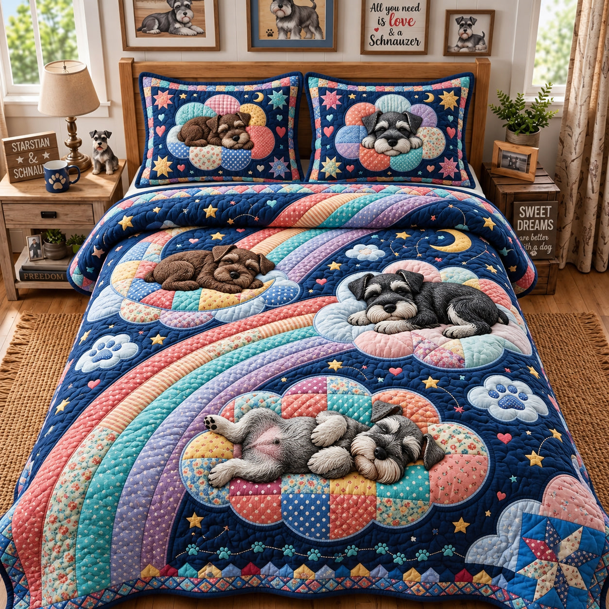 Schnauzer Rainbow Cloud Nap Quilted Bedding Set Christmas Sky Home Decor Gifts