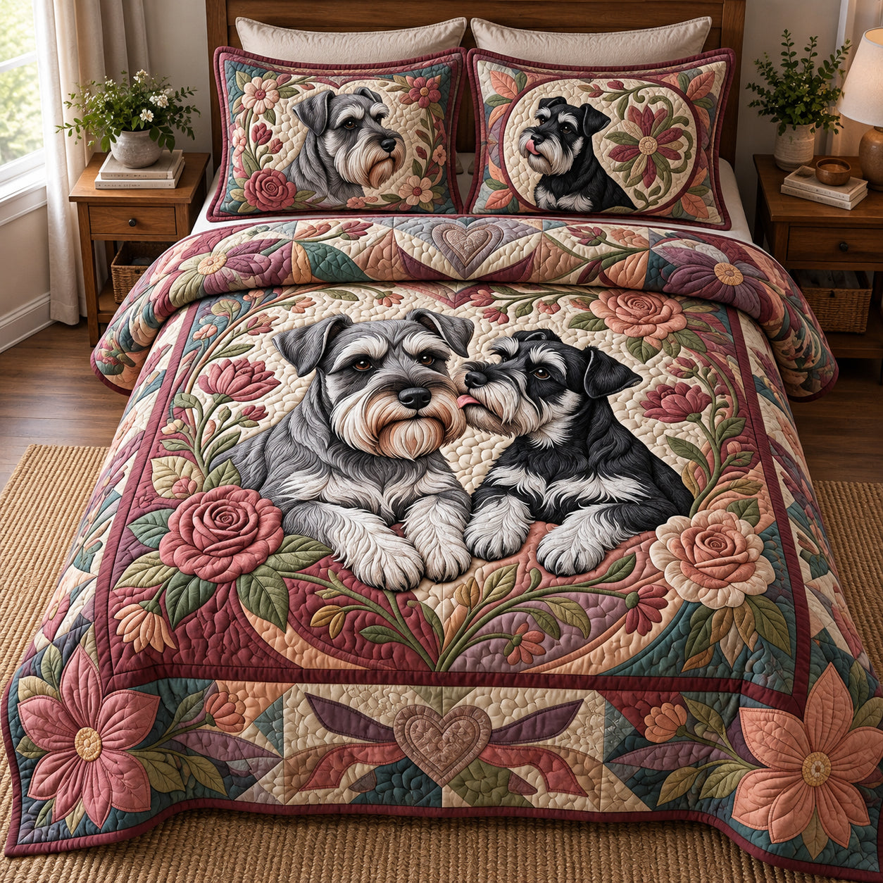 Schnauzer Puppy Kisses Quilted Bedding Set Xmas Bedding Set Gifts For New Home