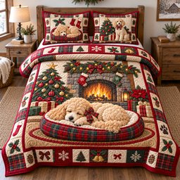 Sleeping Christmas Poodle Quilted Bedding Set Xmas Poodle Bedding Set Puppy Decor Gifts