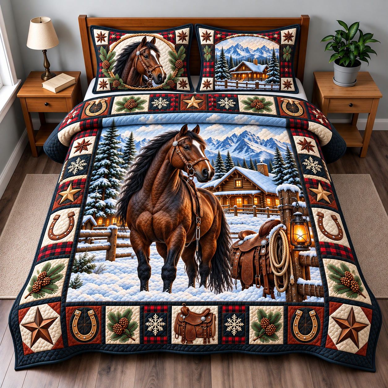 Winter Ranch Quilted Bedding Set Rustic Farm Snowy Countryside Barn Decor Gifts