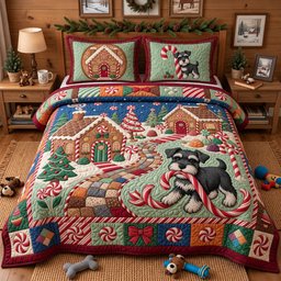 Schnauzer Candy Village Quilted Bedding Set Xmas Schnauzer Bedding Set Christmas Gifts