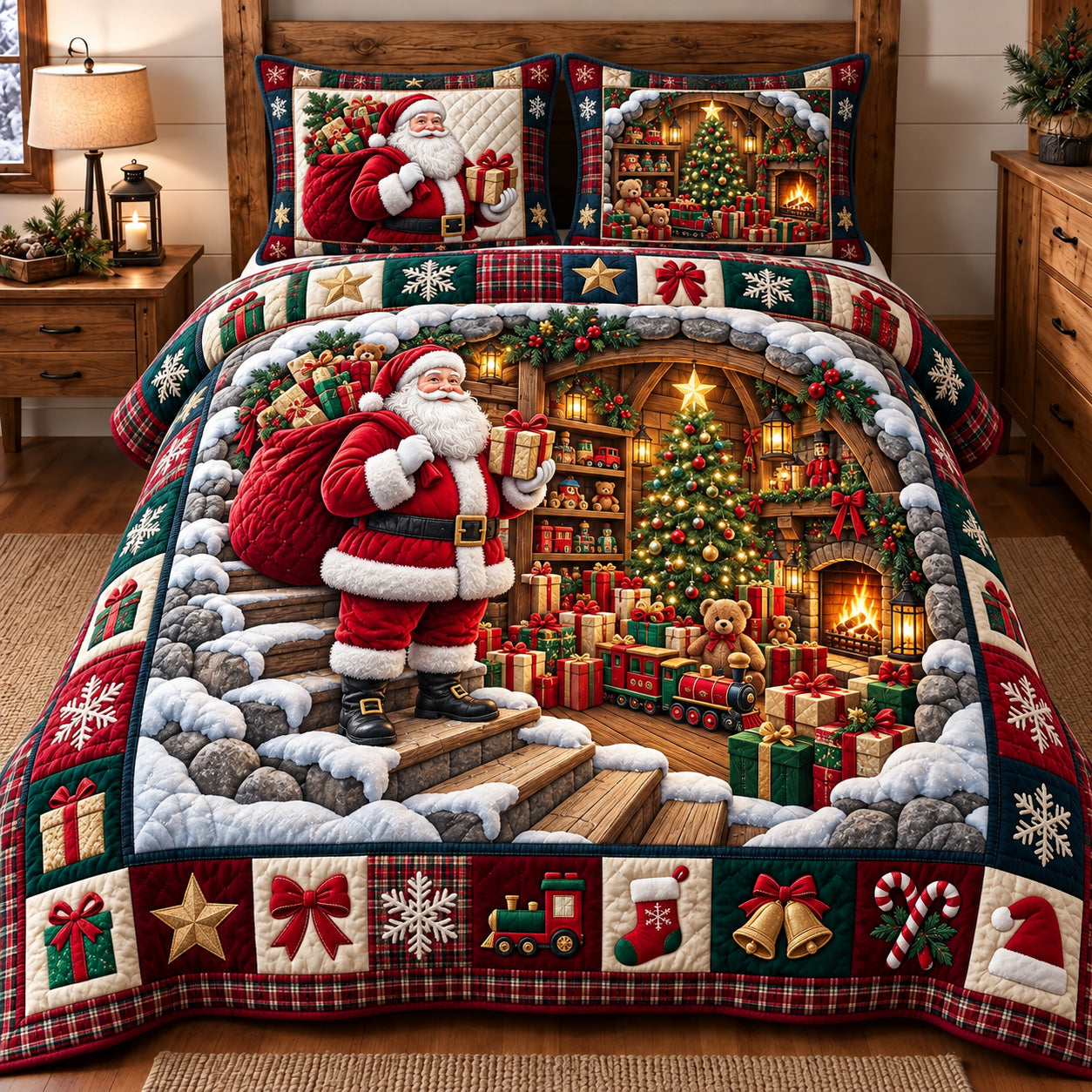Santa Workshop Quilted Bedding Set Xmas Santa Bedding Set Christmas Gifts Ideas