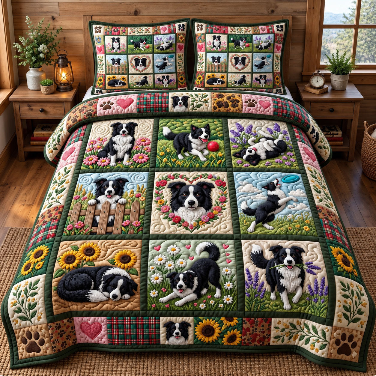 Border Collie Quilted Bedding Set Winter Noel Sunflower Bedroom Decor Gifts For Her