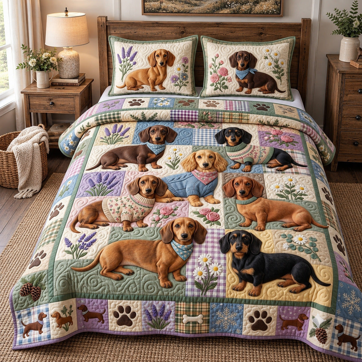 Floral Dachshund Patchwork Quilted Bedding Set Colorful Floral Puppy Bedding Cozy Gifts