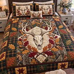 Autumn Buck Skull Quilted Bedding Set Halloween Bedroom Set Holiday Gifts