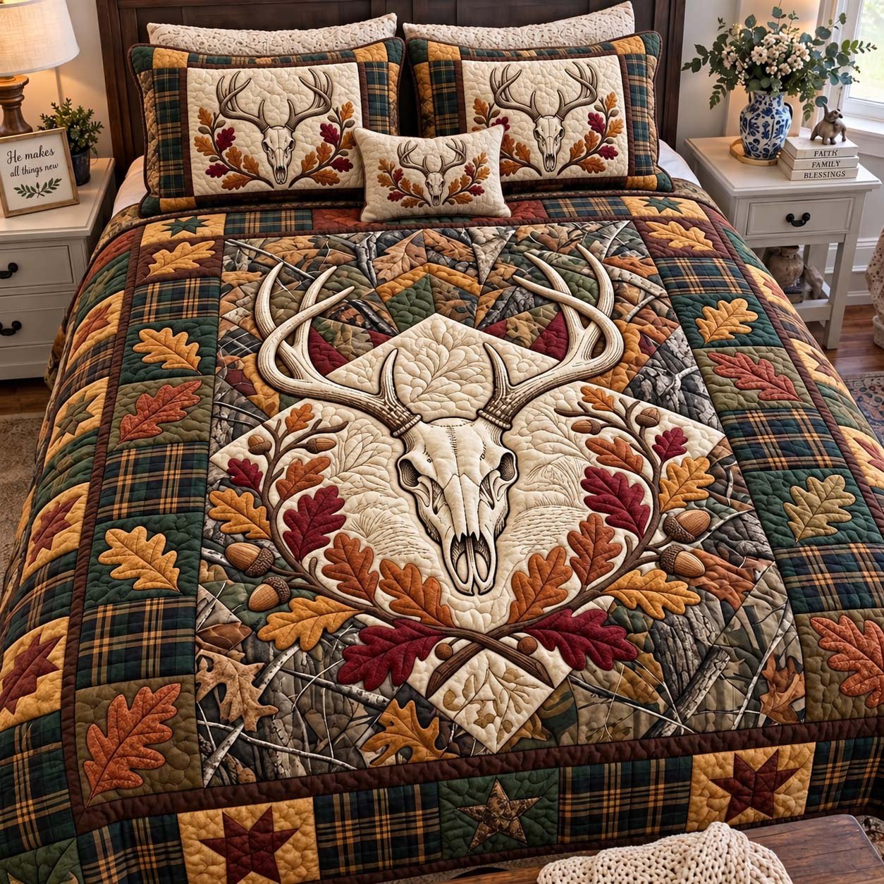 Autumn Buck Skull Quilted Bedding Set Halloween Bedroom Set Holiday Gifts