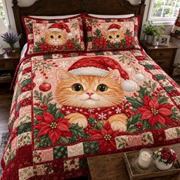 Christmas Santa Kitten Quilted Bedding Set Xmas Kitty Bedding Festive Gifts For Cat Lover