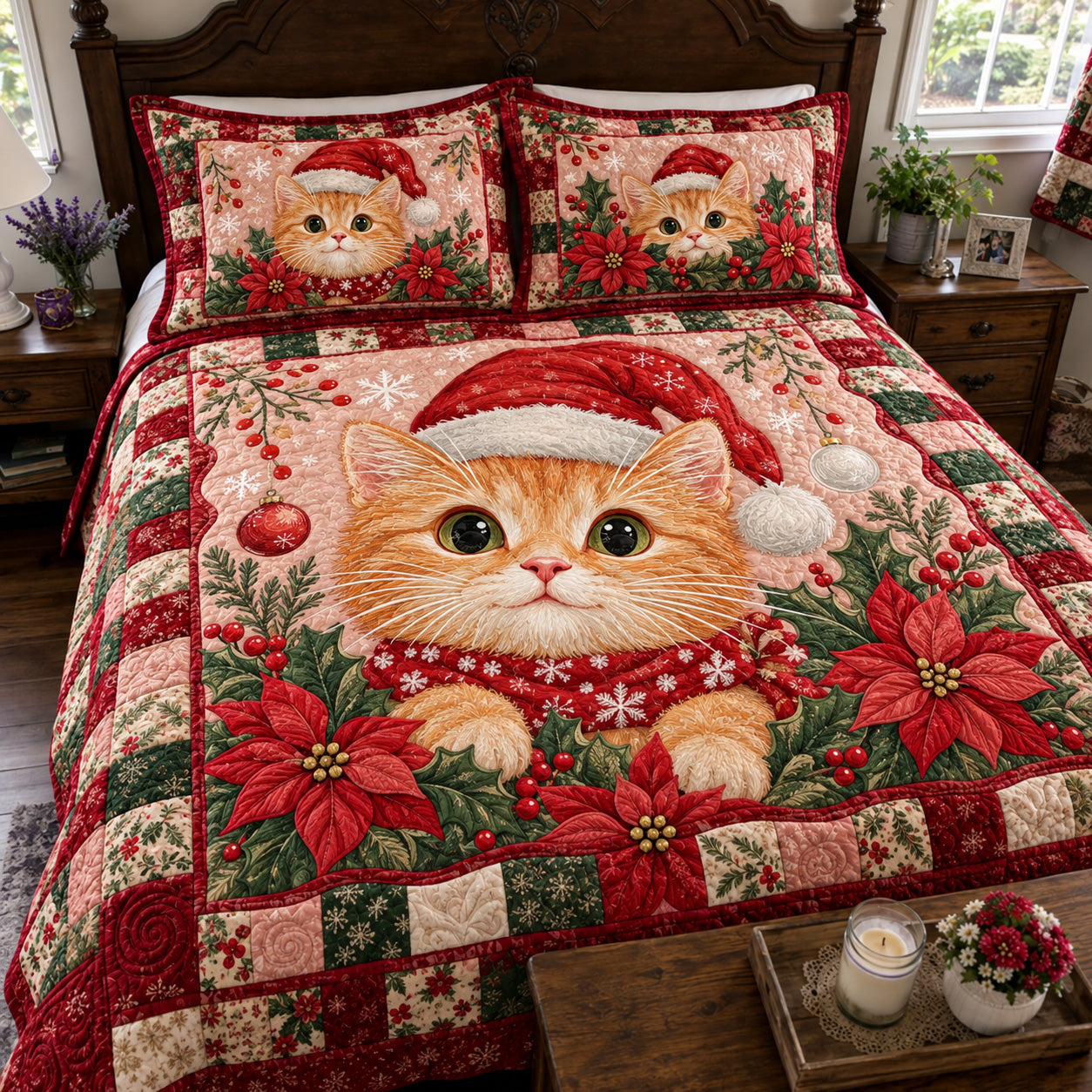 Christmas Santa Kitten Quilted Bedding Set Xmas Kitty Bedding Festive Gifts For Cat Lover