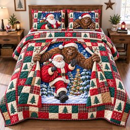 Bigfoot Santa Claus Mischief Quilted Bedding Set Xmas Home Decor Family Gift