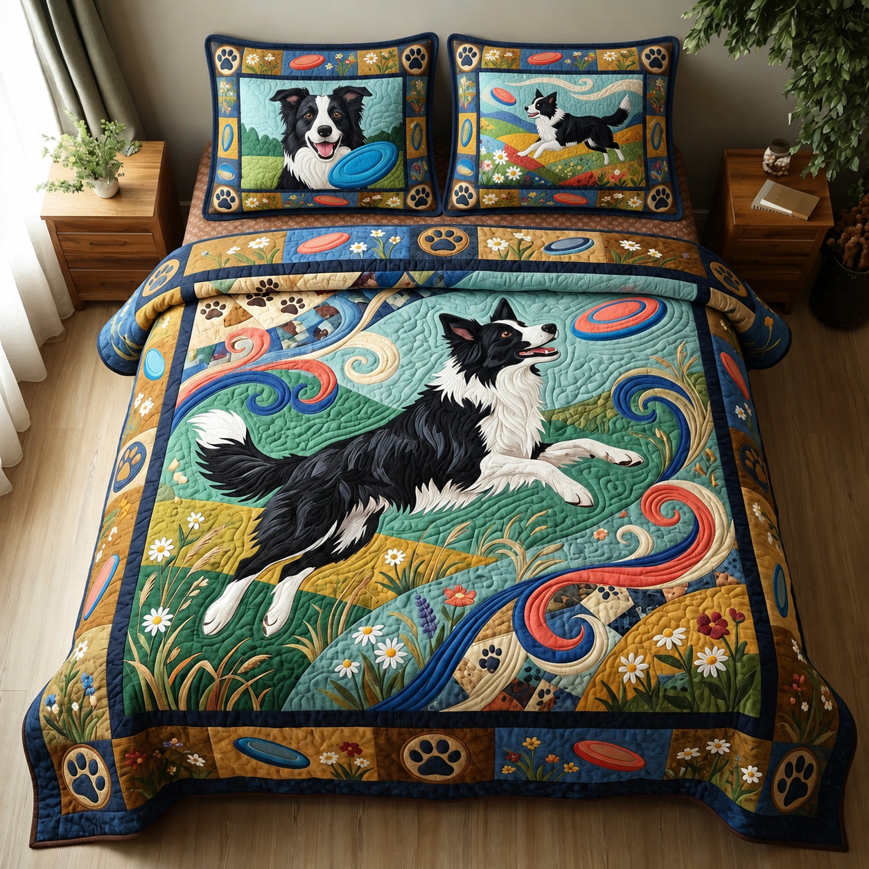 Frisbee Flying Adventure Quilted Bedding Set Playful Dog Bedding Decor Xmas Gift