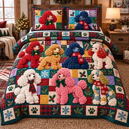 Christmas Poodle Party Quilted Bedding Set Xmas Poodle Bedding Festive Gifts For Her