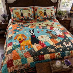 Happy Dog Patchwork Quilted Bedding Set Cheerful Puppy Bedding Pet Home Decor Gifts