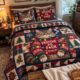 Cat Cozy Quilted Bedding Set Winter Cabin Bedding Decor Xmas Gifts For Cat Lovers
