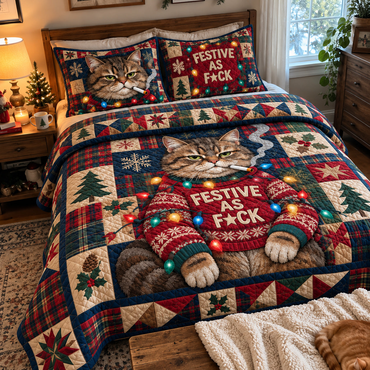 Cat Cozy Quilted Bedding Set Winter Cabin Bedding Decor Xmas Gifts For Cat Lovers