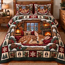 Fireside Fawn Nest Quilted Bedding Set Rustic Woodland Deer Bedding Cozy Cabin Gifts