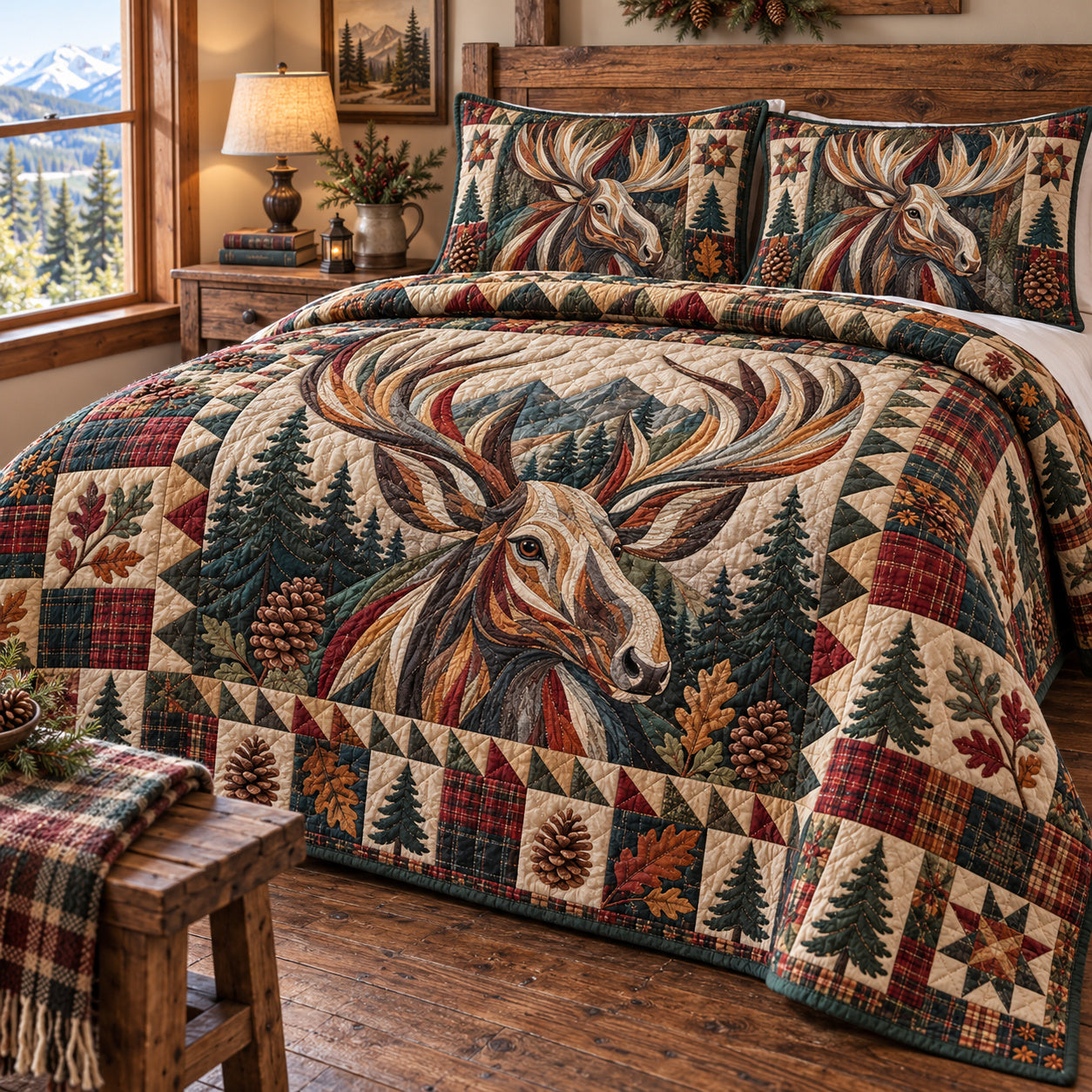 Deer Forest Quilted Bedding Set Rustic Woodland Comforter Set Xmas Gifts