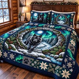 Aurora Wolf Quilted Bedding Set Christmas Bedroom Decor Gifts For Wildlife Lovers
