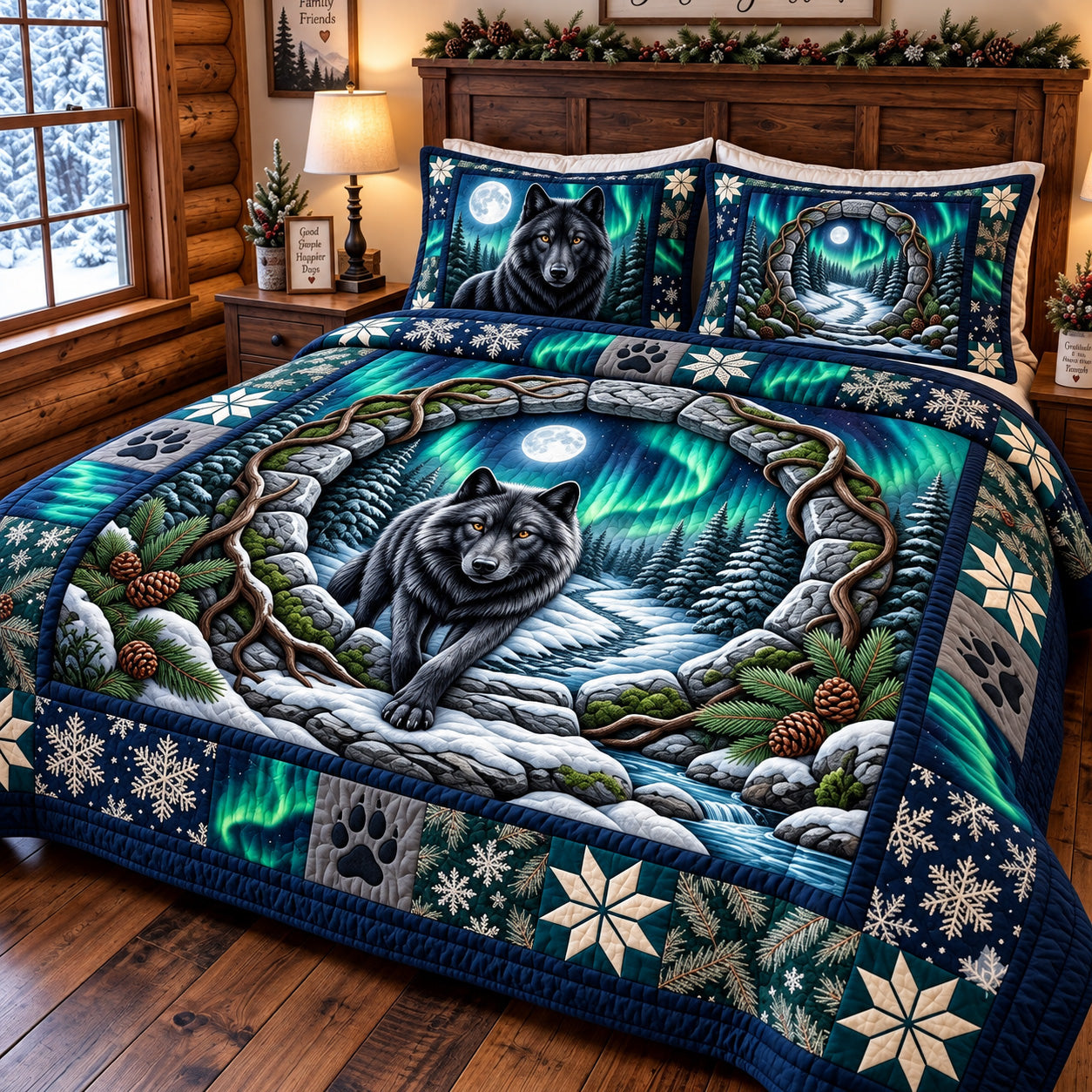Aurora Wolf Quilted Bedding Set Christmas Bedroom Decor Gifts For Wildlife Lovers