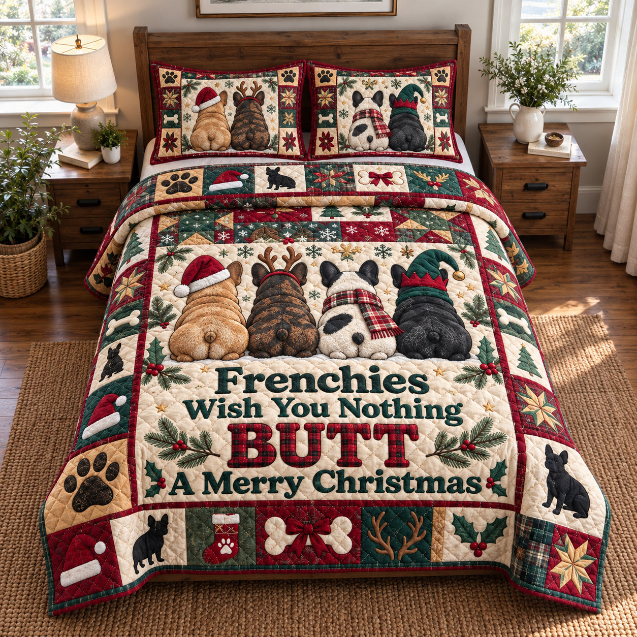 Frenchie Four Quilted Bedding Set French Bulldog Bedding Cozy Patchwork Holiday Gifts