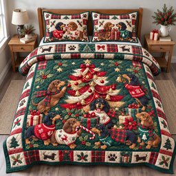 Dachshund Christmas Quilted Bedding Set Xmas Festive Puppy Bedding Gifts For Mom