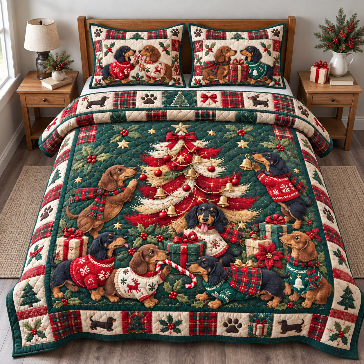 Dachshund Christmas Quilted Bedding Set Xmas Festive Puppy Bedding Gifts For Mom