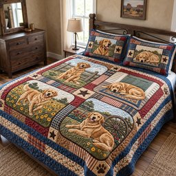 Golden Rustic Patchwork Quilted Bedding Set Warm Farmhouse Bedding Cozy Xmas Decor Gifts