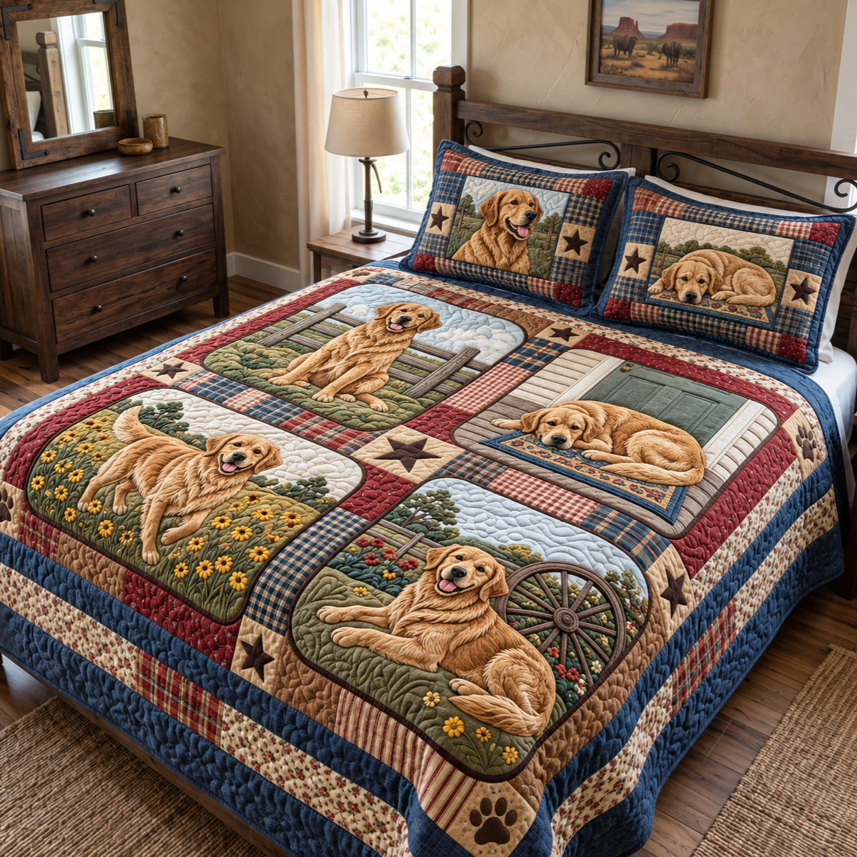 Golden Rustic Patchwork Quilted Bedding Set Warm Farmhouse Bedding Cozy Xmas Decor Gifts