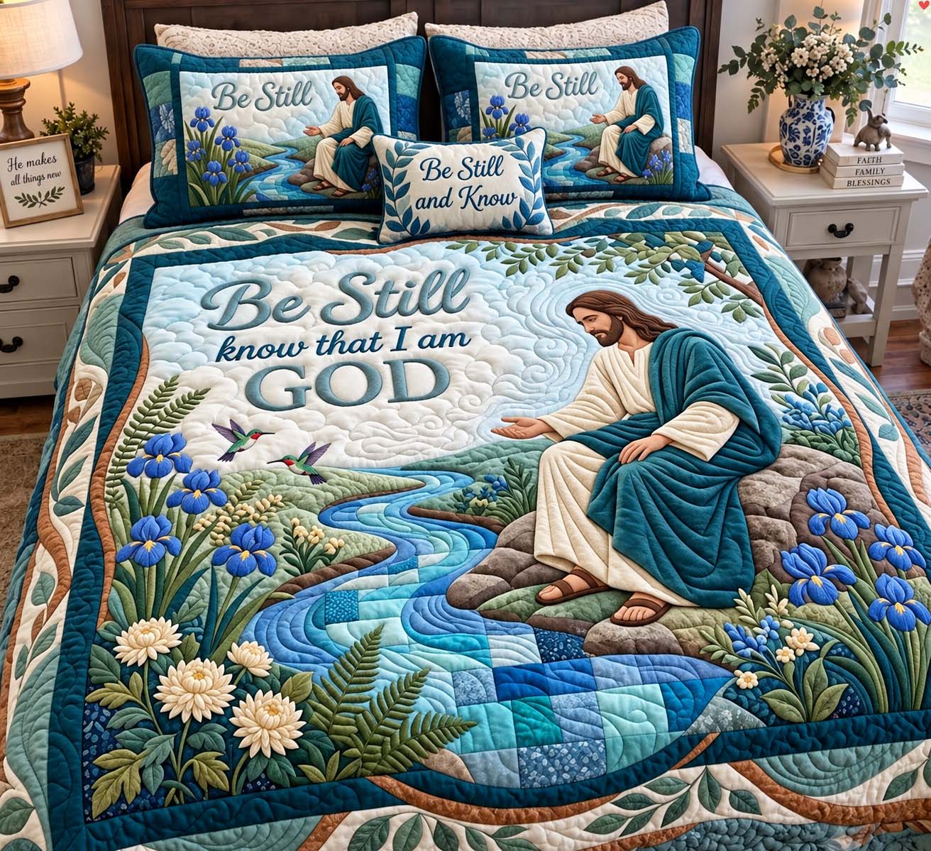 Be Still Know That I Am God Quilted Bedding Set Faith Xmas Room Bedding Decor Gift