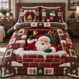 Brick Chimney Santa Quilted Bedding Set Christmas Fireplace Bedroom Decor Xmas Gifts