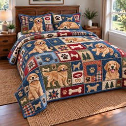 Golden Retriever Quilted Bedding Set Playful Puppy Bedding Winter Retreat Gifts